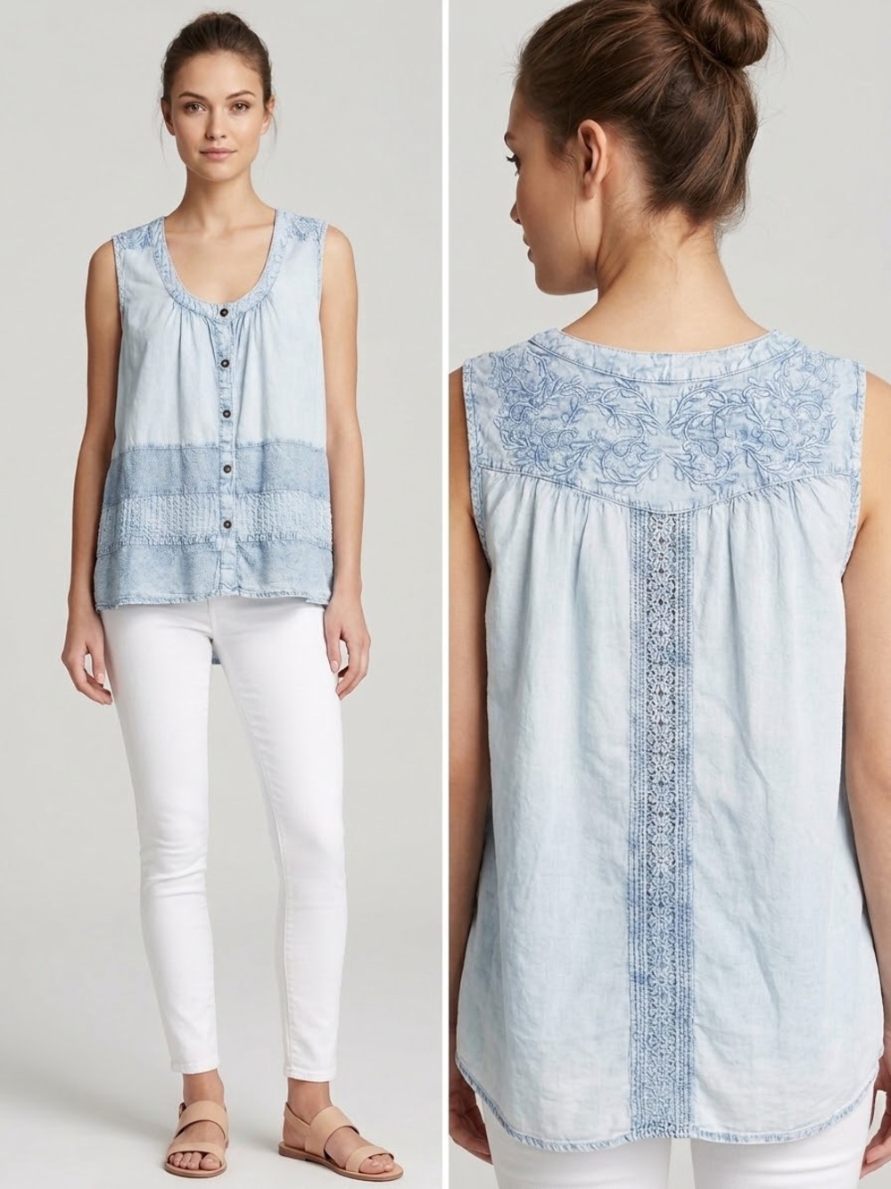 Rachel Zoe Embroidered Denim Chambray Tank Top Large